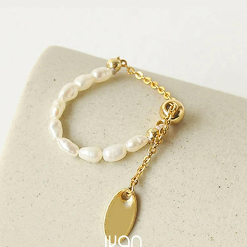 Elegant French Retro Pearl Chain Pull Adjustable Gold Rings - Stylish Accessories for Women